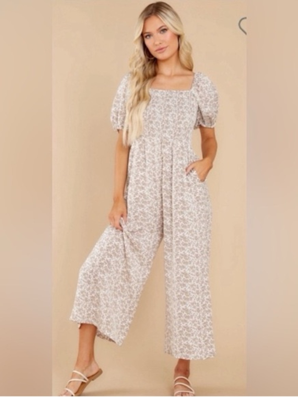 Neutral Floral Square-Neck Wide-Leg Jumpsuit with puff sleeve and touched top